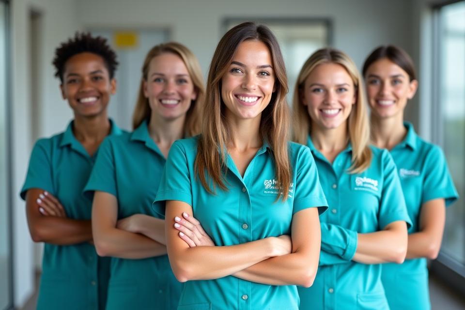 Group photo of SparkleClean Solutions cleaning team in uniform
