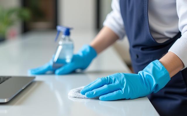 Cleaning professional disinfecting an office desk with a spray bottle, focusing on high-touch areas.