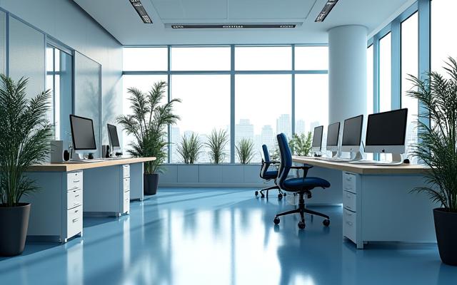 Spotless office with modern furniture and large windows, symbolizing a clean workspace.